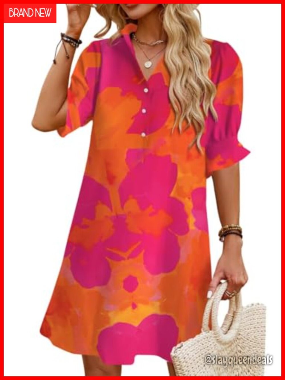 Womens 95% Polyester Button Down Shirt Mini Dress Ruffled Sleeve Beach